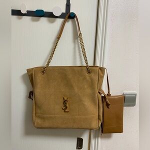 Yves Saint Laurent Camel Suede Tote with Gold Accents